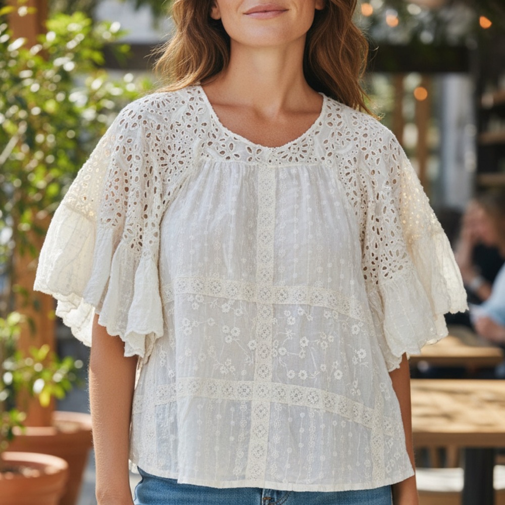 Johnny Was great shape eyelet embroidered cream ruffle sleeves plaid blouse top